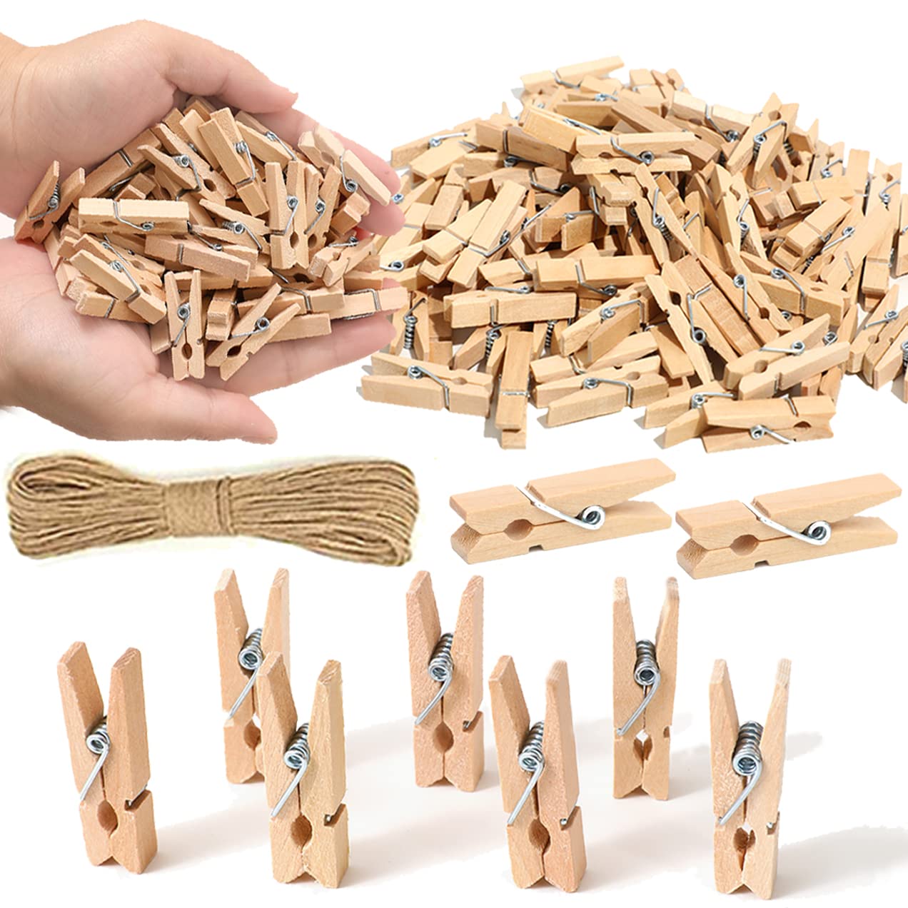 1.35 Inch Mini Clothes Pins for Photo?100 Pcs? with 32 Feet Jute Twine,Mini Clothes Pins for Crafts,Wooden Small Clothes Pins fo